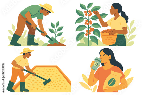 Farmers engaging in diverse agricultural activities on a sunny day in a rural setting
