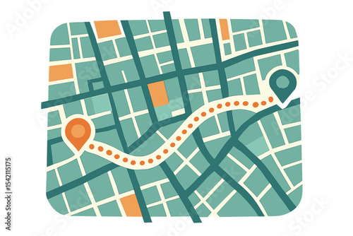 Map illustrating a journey from one point to another in a city with roads and landmarks clearly defined