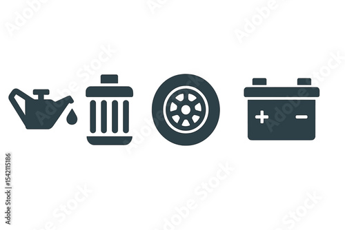 Vehicle maintenance symbols illustrating oil, waste, tire, and battery at a car service location