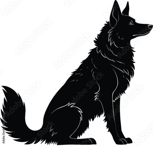 Black silhouette of a longhaired dog sitting and looking right