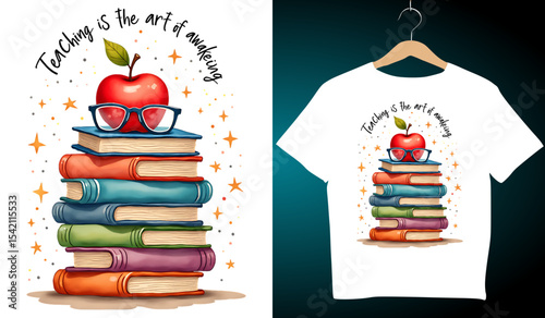 Teacher T-Shirt Design: Stack of Books with Apple & Glasses, "Teaching is the Art of Awakening" Quote, Watercolor Style, Education Apparel