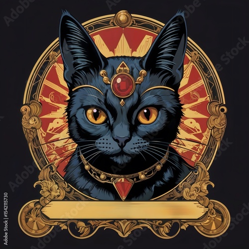 Black cat with gemstone collar in vintage ornate design  