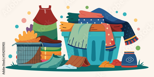 Colorful laundry clothes in baskets and on floor