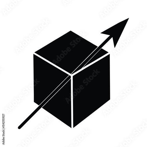Arrow rising and emerging from a cube symbolizing growth and innovation silhouette