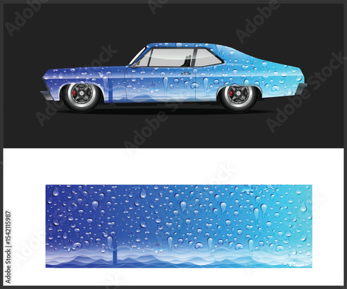 Blue Classic Car Wrap Design with Water Droplets