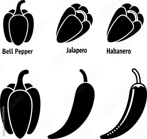 different varieties of chili peppers black and whi.eps