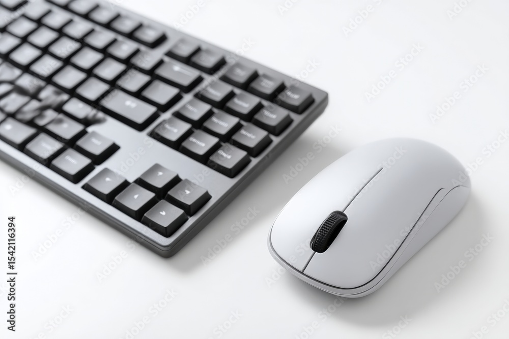 Sleek ergonomic mouse next to a modern keyboard on a minimalistic workspace Sleek ergonomic mouse next to a modern keyboard on a minimalistic workspace