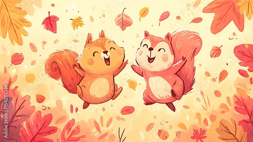 Playful Squirrels Jumping in Autumn Leaves Cute Cartoon Illustration