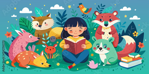 Girl reading book surrounded by cute animals