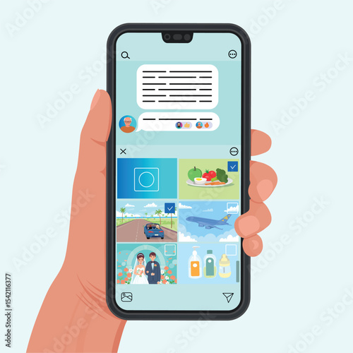Messenger chat with avatars messages and reactions on the phone. Hand holding a phone with messenger chat interfac. Vector illustration in flat style
