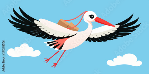 Cartoon stork delivering package in flight