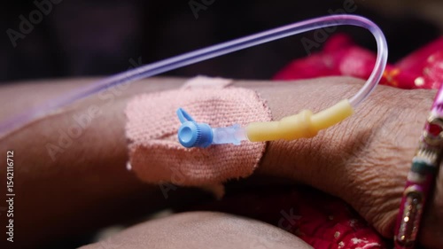 intravenous line inserted in patient hand under daylight