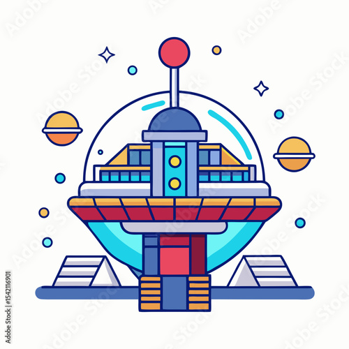 Futuristic SciFi Base or Space Station with Surrounding Planets and Stars