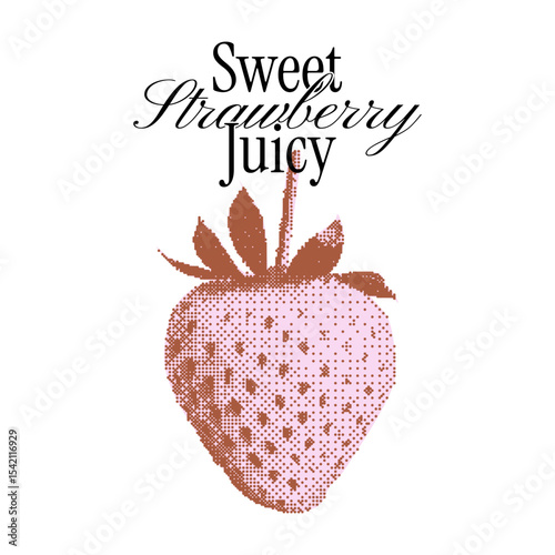 Minimal vector graphic with strawberry harvest. Dolce vita summer halftone clipart for t-shirt print, postcards, menus, greeting cards with text slogan. Photocopy dotted texture.