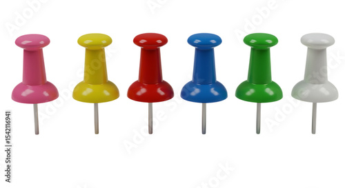 Six colorful push pins in a row isolated on white background