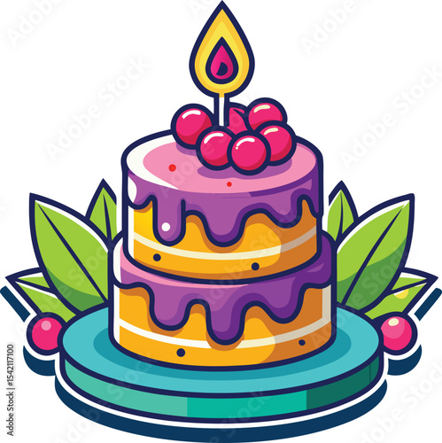 Simple and Modern Celebration Cake with Candle Flame Glyph Symbol Illustration Design