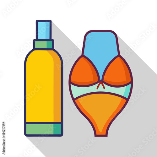 Summer vacation essentials sunscreen bottle and bikini swimsuit on white background