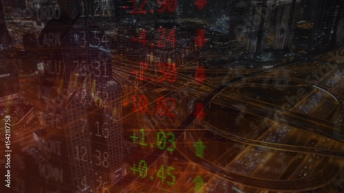 image of data processing over cityscape. global business, digital interface, connections and digital interface concept digitally generated image.