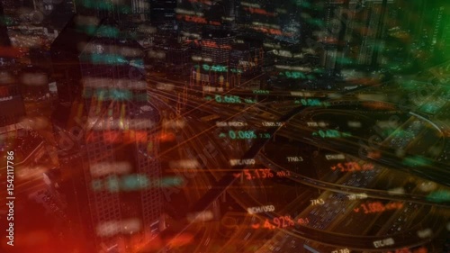 image of data processing over cityscape. global business, digital interface, connections and digital interface concept digitally generated image.