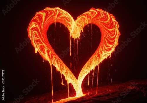 Volcanic Heart of Fiery Lava. Dynamic molten rock forms a radiant ardor symbol. This blazing emblem represents profound affection, powerful emotion, and geothermal energy.