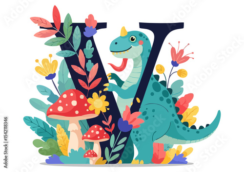 Colorful dinosaur and letter V design with flowers and mushrooms on transparent background copy space