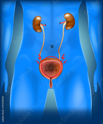 Medical Diagram of Human Kidneys and Inflamed Bladder. Urinary Tract Anatomy with Cystitis Symptoms Highlighted. Bladder Infection 