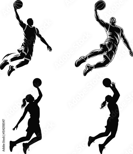 Dynamic Basketball Player Silhouette in Action Pose. Basketball Black Vector Illustration isolated on White Background.