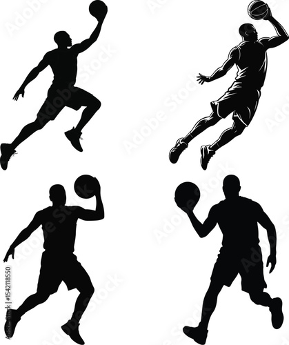 Dynamic Basketball Player Silhouette in Action Pose. Basketball Black Vector Illustration isolated on White Background.