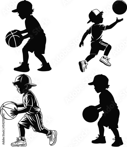 Dynamic Basketball Player Silhouette in Action Pose. Basketball Black Vector Illustration isolated on White Background.