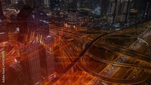 image of data processing over cityscape. global business, digital interface, connections and digital interface concept digitally generated image.