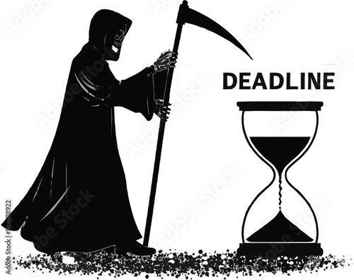 Grim reaper with hourglass illustrates the concept of a deadline approaching on transparent background
