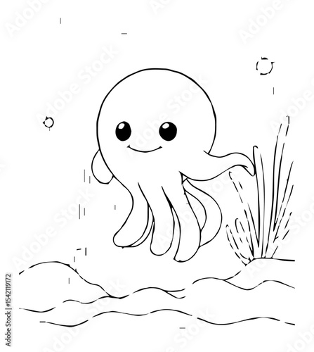 Cartoon octopus with big eyes smiling over the sea floor with sand  sea grass