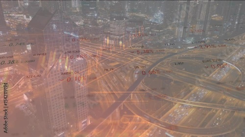 image of data processing over cityscape. global business, digital interface, connections and digital interface concept digitally generated image.