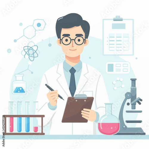 Cartoon man in a lab coat holding a clipboard with scientific equipment around him