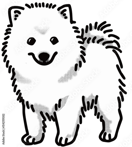 日本スピッツ　japanese spitz　犬のイラスト　仔犬　白黒