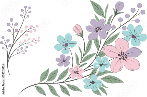 Floral transparent background featuring pastel flowers and branches elements