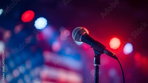 Isolated stage microphone with stand for live music performance, Patriotic Microphone with American Flag Background