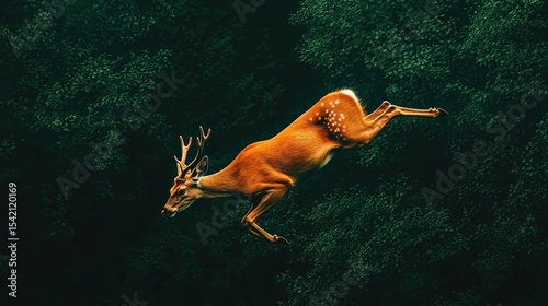 Majestic deer leaping gracefully amidst the lush greenery of the forest