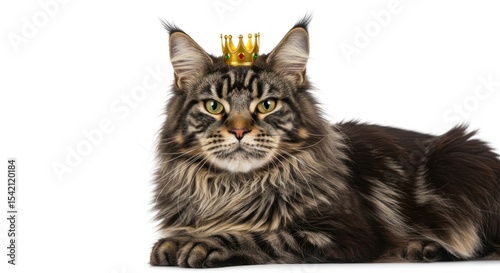 Majestic Maine Coon Cat with Golden Crown isolated on a White Background