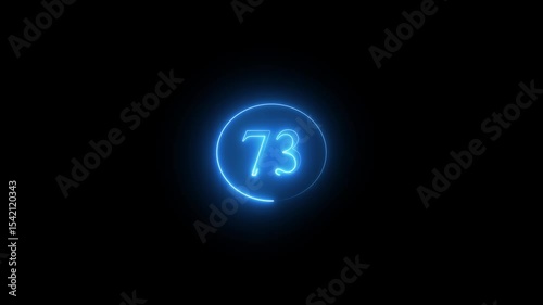 Abstract glowing neon text 73 number countdown icon. Glowing sign on black background Neon number. Glowing blue neon countdown timer number animation 4k. neon countdown timer color 4k