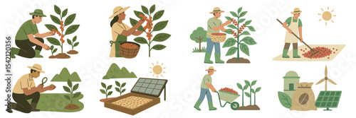 Farmers engaged in various agricultural activities in a sunny rural landscape, highlighting sustainable practices and crop cultivation techniques