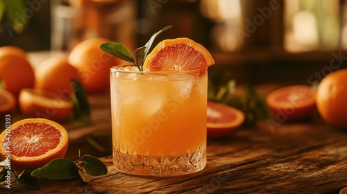 Refreshing blood orange cocktail on a rustic wooden surface, drink photography