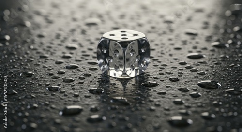 Single clear dice on dark wet surface showcasing reflections and droplets of water