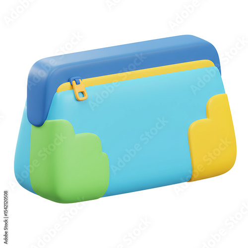 A charming 3D illustration of a colorful cartoon pencil case character for students.