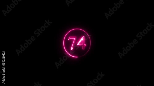 Abstract glowing neon text 74 number countdown icon. Glowing sign on black background Neon number. Glowing blue neon countdown timer number animation 4k. neon countdown timer color 4k