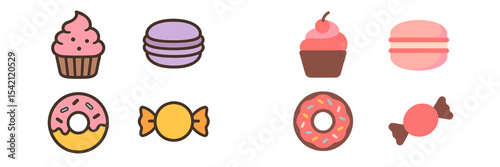Colorful assortment of desserts and sweets displayed on a white background with playful designs and vibrant colors