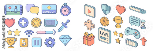 Colorful gaming icons showcasing health, achievements, and progress indicators in a playful design for mobile applications or video games