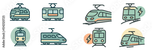 Collection of colorful train illustrations featuring various designs and styles of trams and electric trains