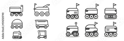 Various designs of delivery robots and automated carts on wheels in a modern style