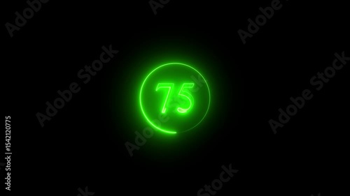 Abstract glowing neon text 75 number countdown icon. Glowing sign on black background Neon number. Glowing blue neon countdown timer number animation 4k. neon countdown timer color 4k